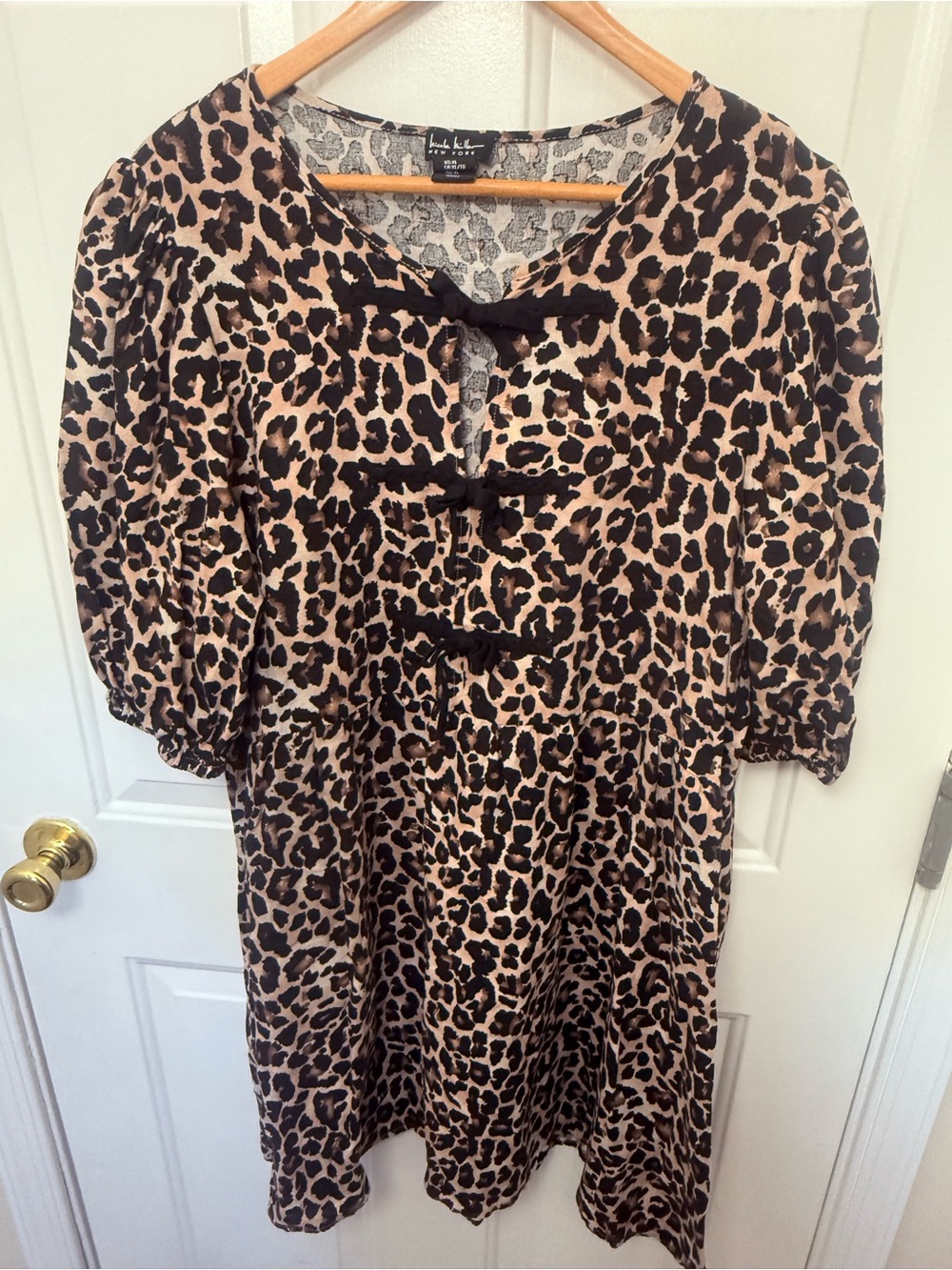 Nicole Miller Linen Blend Leopard Print Puff Sleeve Dress XL Babydoll Coquette
